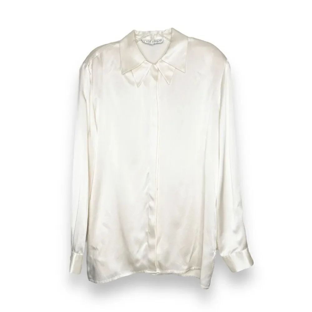 Leyla Initra Vintage Quiet Luxury Cream Silk Double Collar Blouse Women’s Size 8